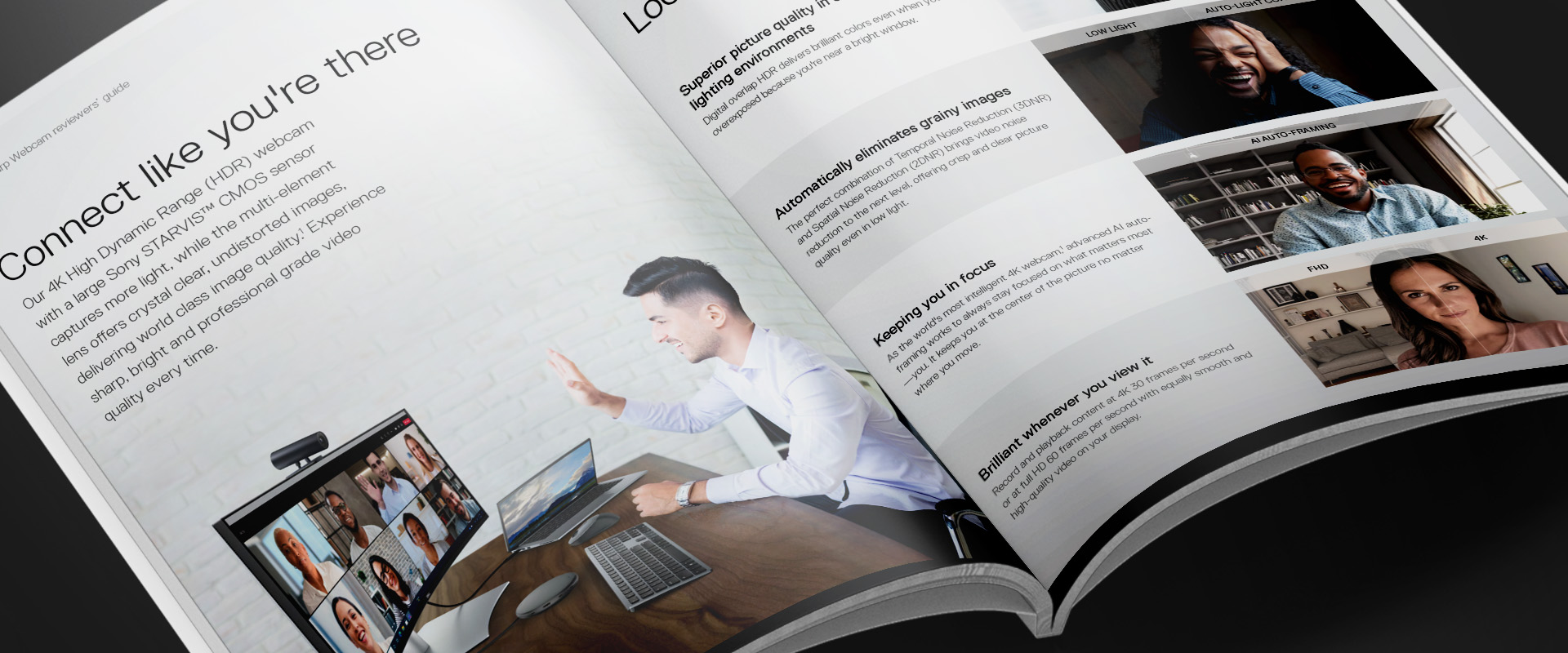 An interior spread of the product brochure for Dell UltraSharp Webcam.