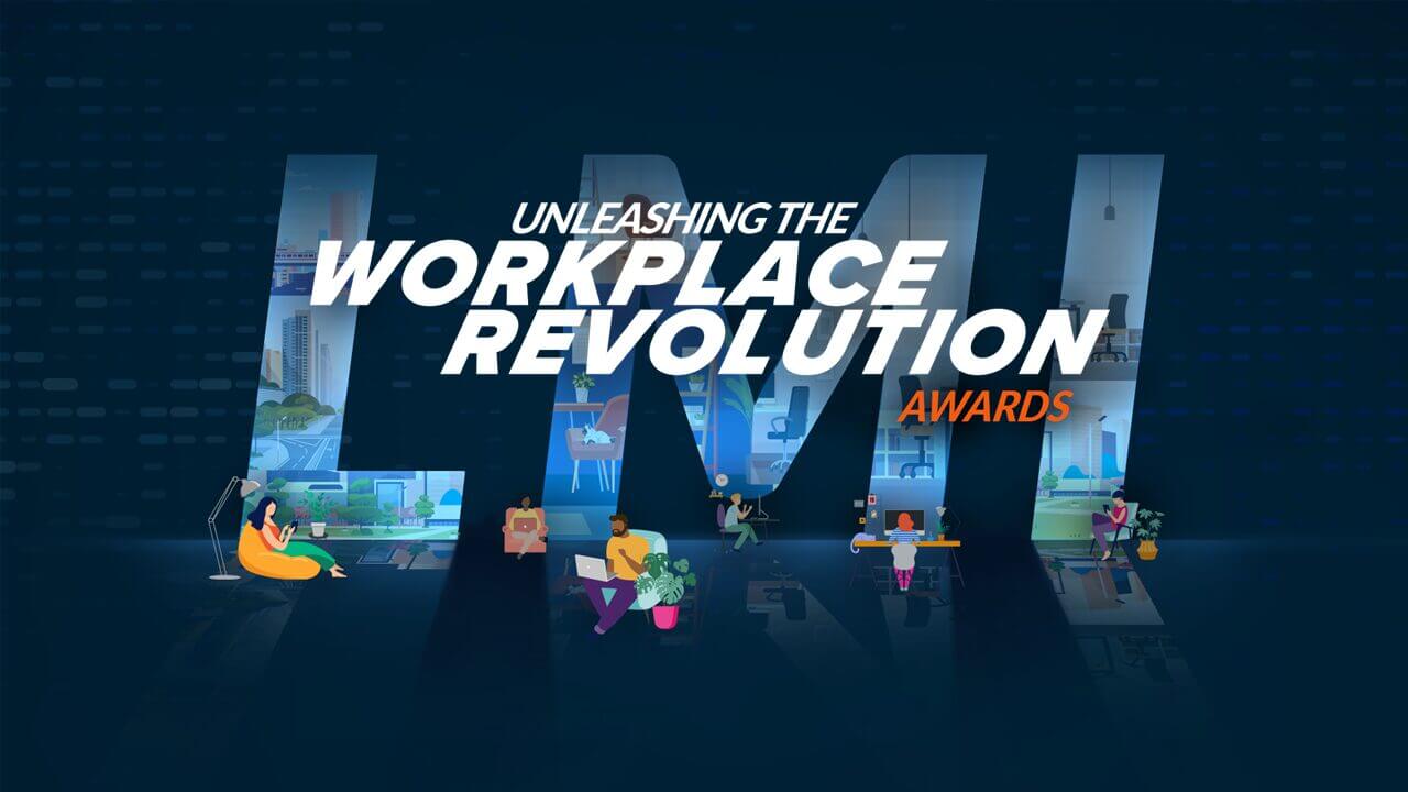Backdrop for virtual awards ceremony that reads "Unleashing the Workplace Revolution Awards"