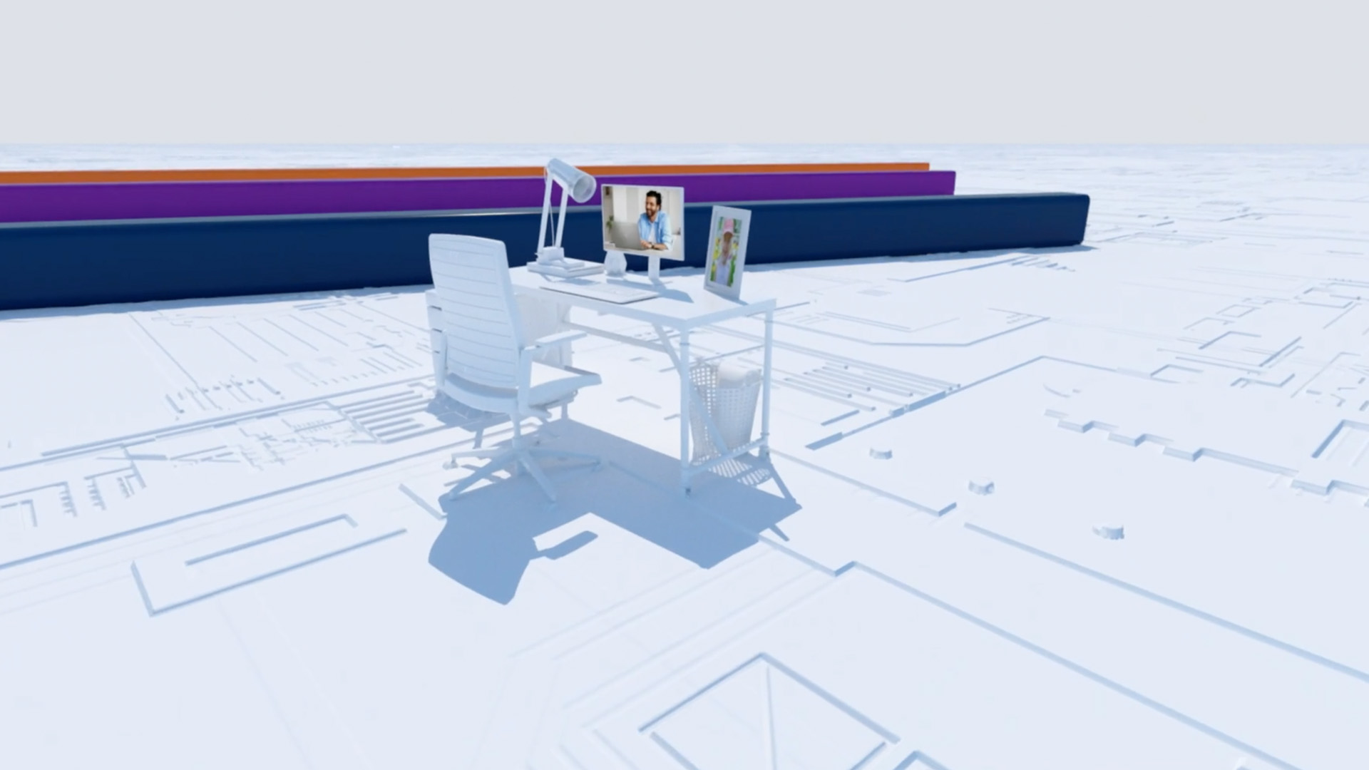Image from video series of a 3D illustrated workspace.