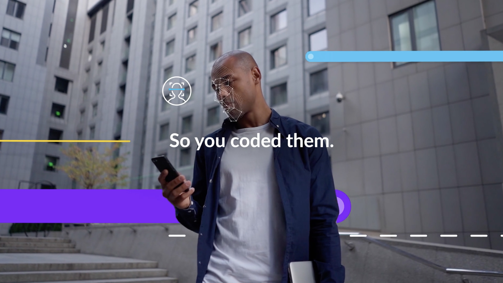 Still frame from the DevOps World event opener video that reads "so you coded them."