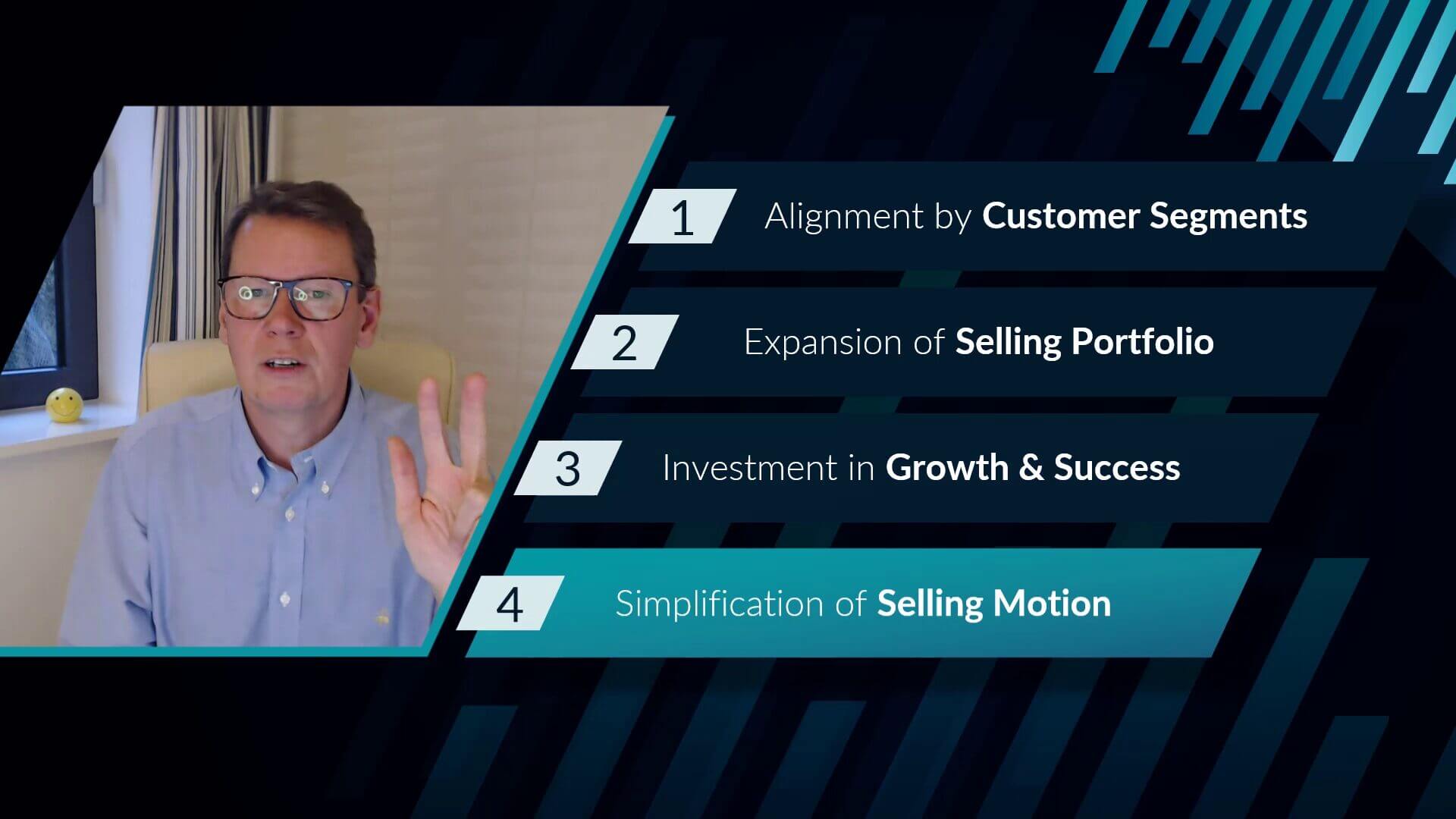 PowerPoint slide listing 4 points: Alignment by Customer Segments, Expansion of Selling Portfolio, Investment in Growth and Success, and Simplification of Selling Motion.