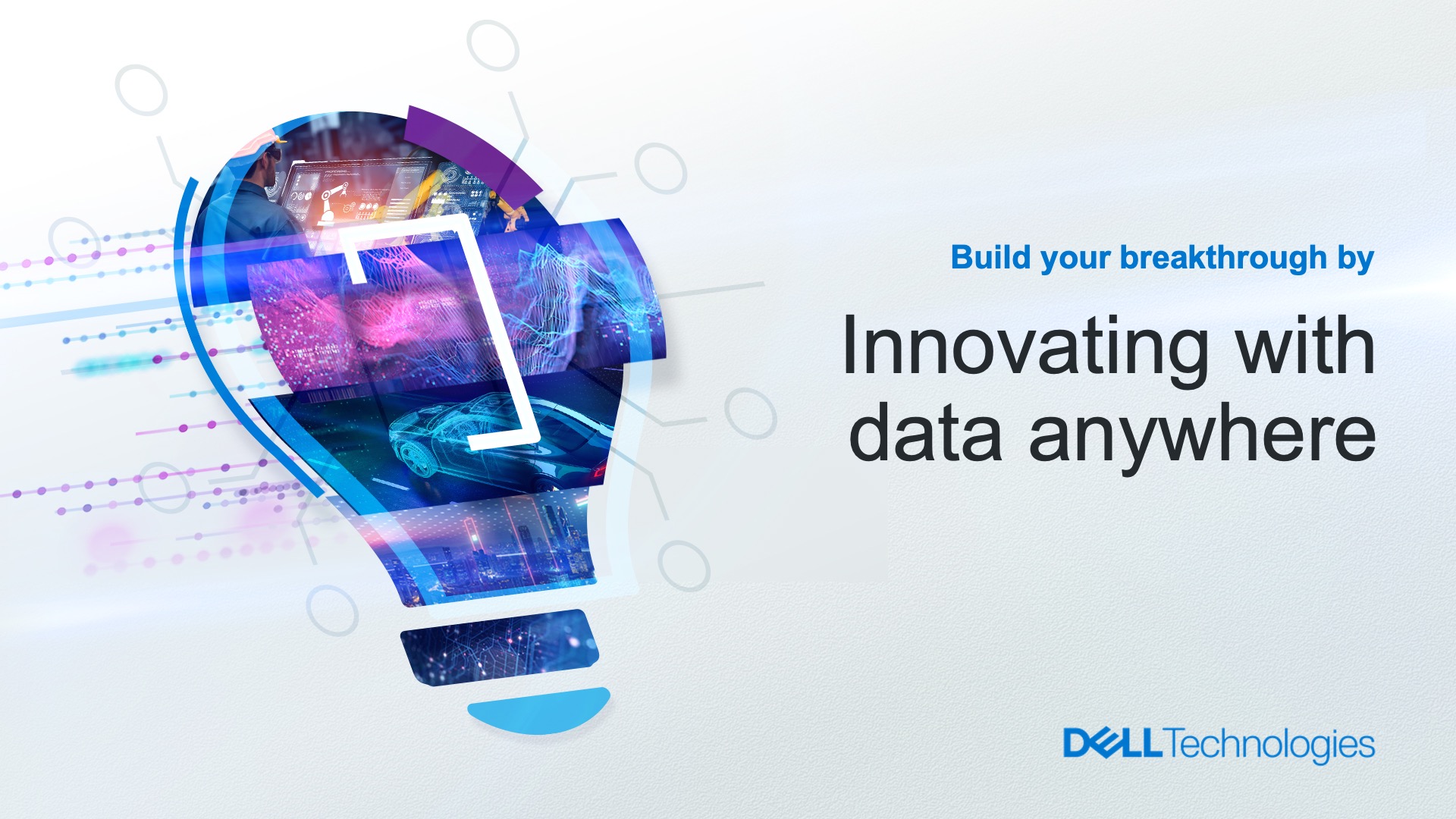 A slide cover design for the Dell Data Anywhere presentation. It shows layers of images aligning to form a lightbulb.