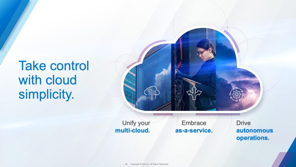 A slide design for the Dell Multicloud presentation. It shows the pillars in a cloud shape with an image in each of them.
