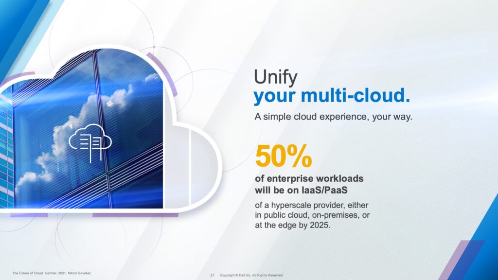 A slide design for the Dell Multicloud presentation. It shows the pillars in a cloud shape with an image in one of them.