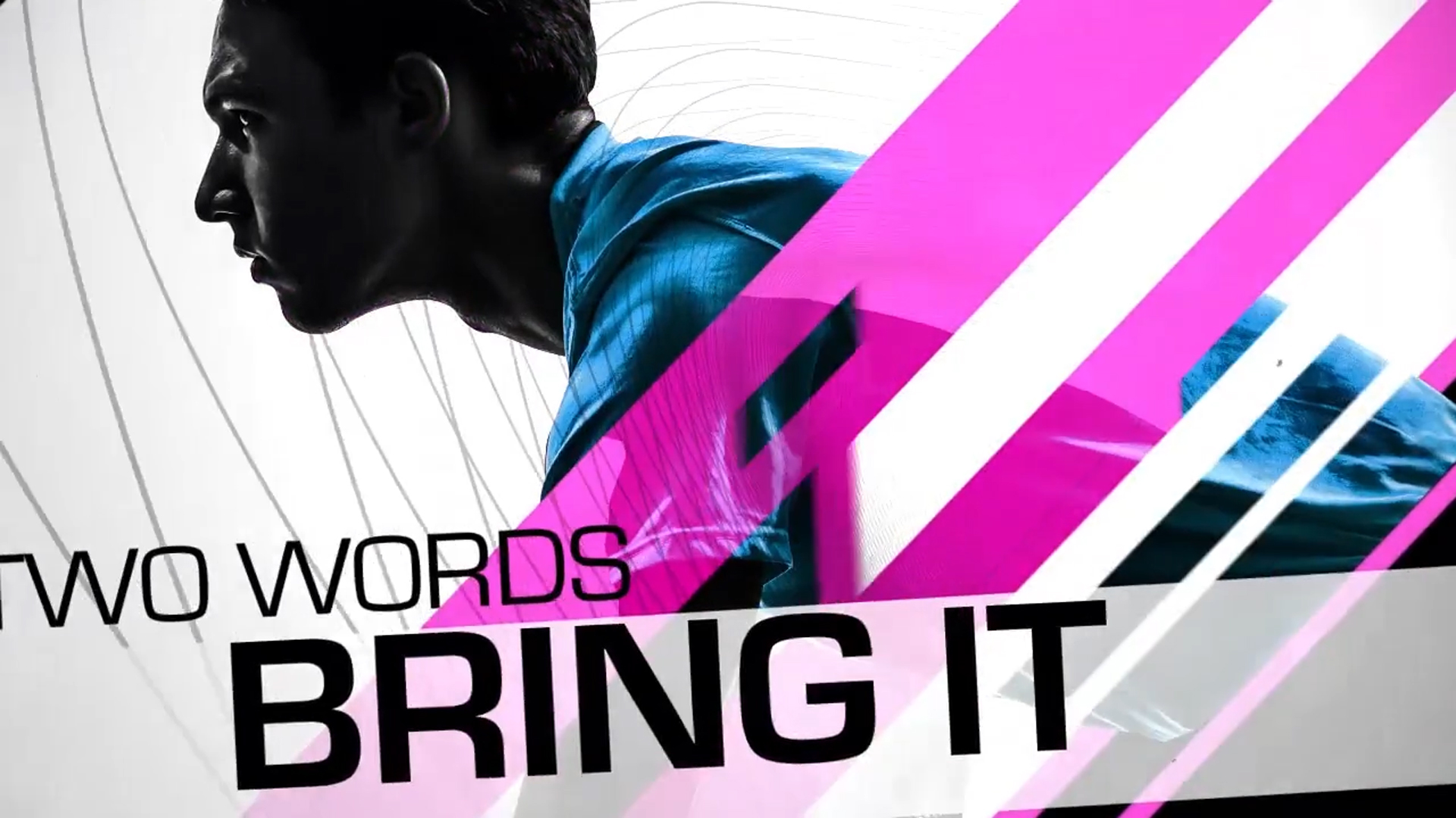 An image from a sales kickoff event opener for EMC. It depicts an athlete with the text "two words... bring it" over top.