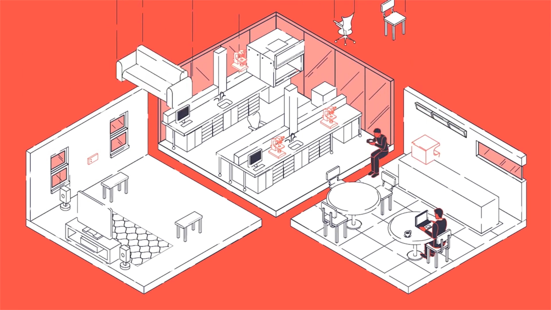 An image from an explainer video for Xively. Illustrations depict a modular set of scenes representing IoT in a home.