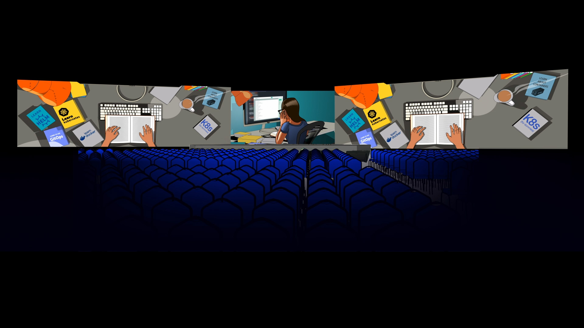 A stage mockup of the three screen set up from 2019 DevOps World Jenkins World event. It shows the illustrated opening video.