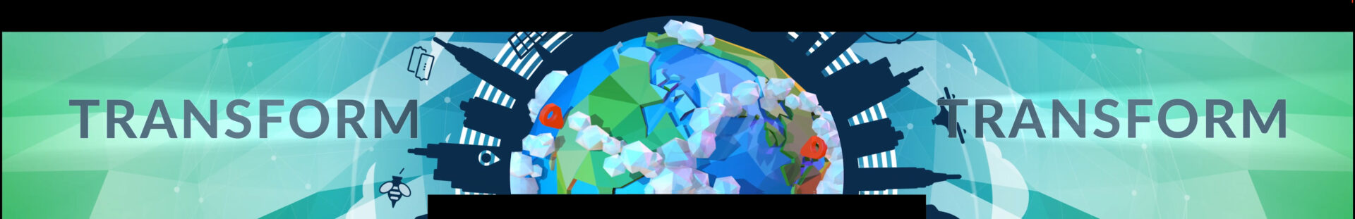 A stage mockup of the event presentation design for DevOps World 2018. It depicts a stylized globe with a 2-D city silhouette around it.