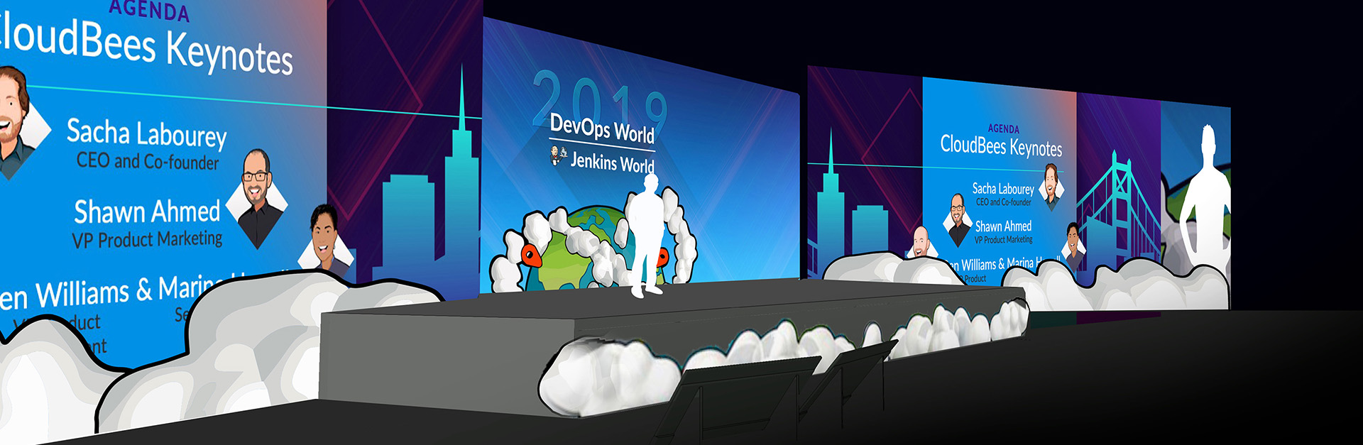 A stage mockup of the three screen set up from 2019 DevOps World Jenkins World event. The screens show the event lineup.
