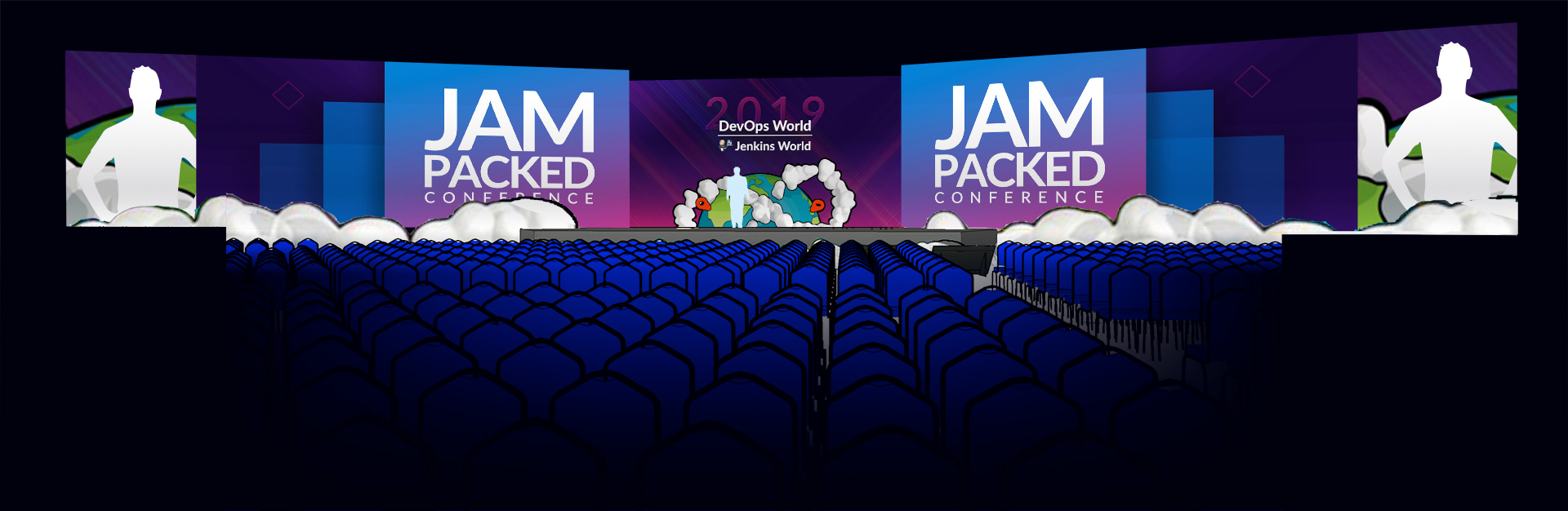 A stage mockup of the three screen set up from 2019 DevOps World Jenkins World event. It set the tone with giant text that says "Jam Packed Conference".