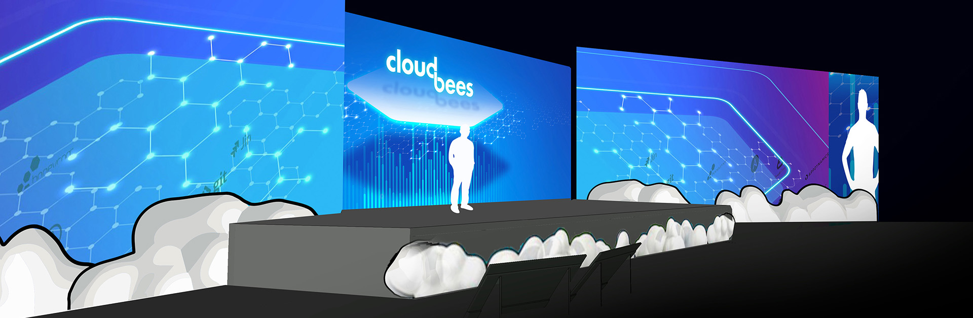 A stage mockup of the three screen set up from 2019 DevOps World Jenkins World event. It depicts the cloudbees platform.