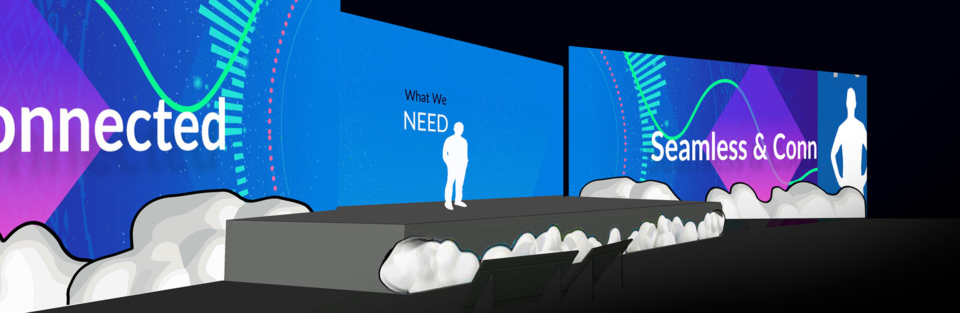 A stage mockup of the three screen set up from 2019 DevOps World Jenkins World event. It depicts the cloudbees connected platform.