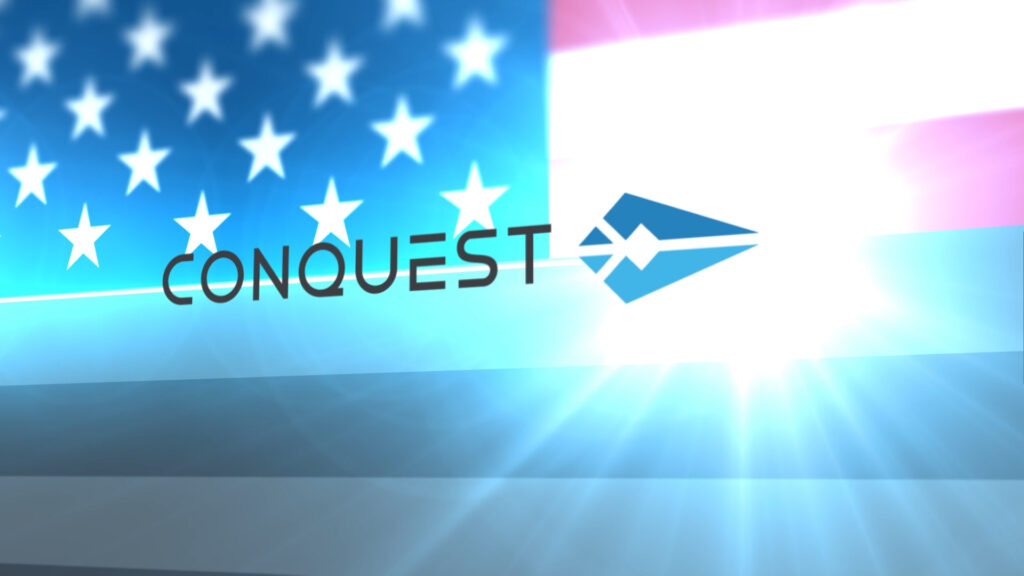 An American flag with the Conquest logo over it - an image from the explainer video created for Conquest Cyber.