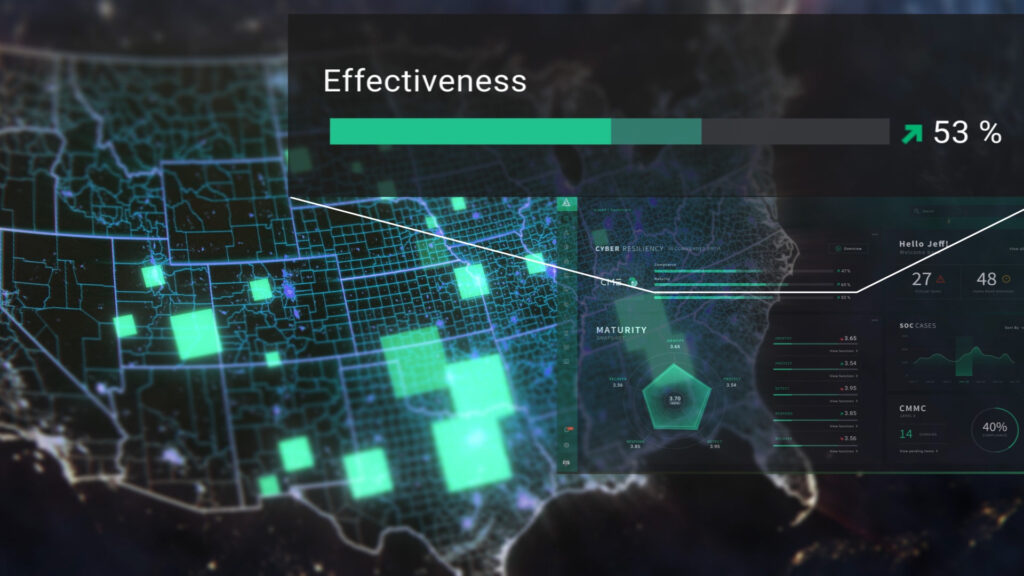 A satellite view of the United States with regions highlighted as cyber threats are thwarted - an image from the explainer video created for Conquest Cyber.