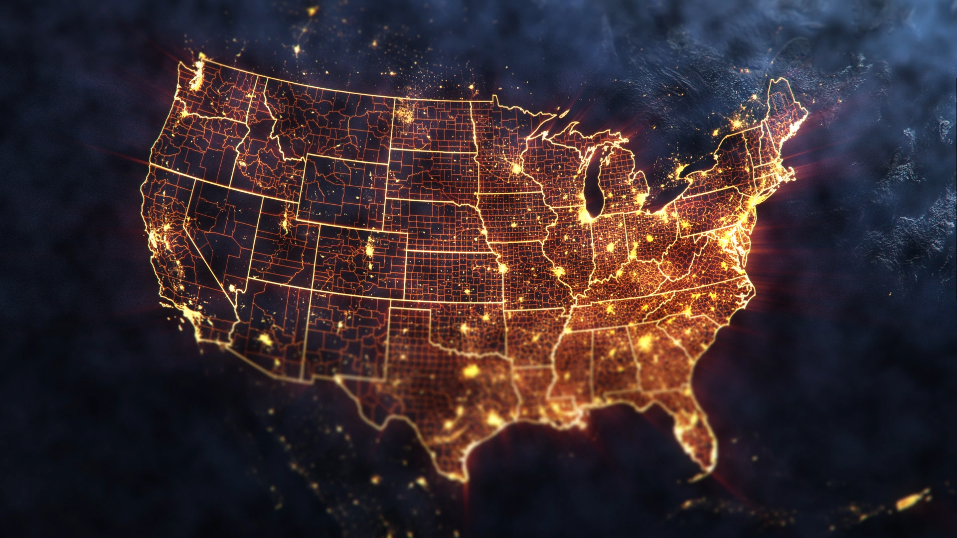 A satellite view of the United States at night - an image from the explainer video created for Conquest Cyber.