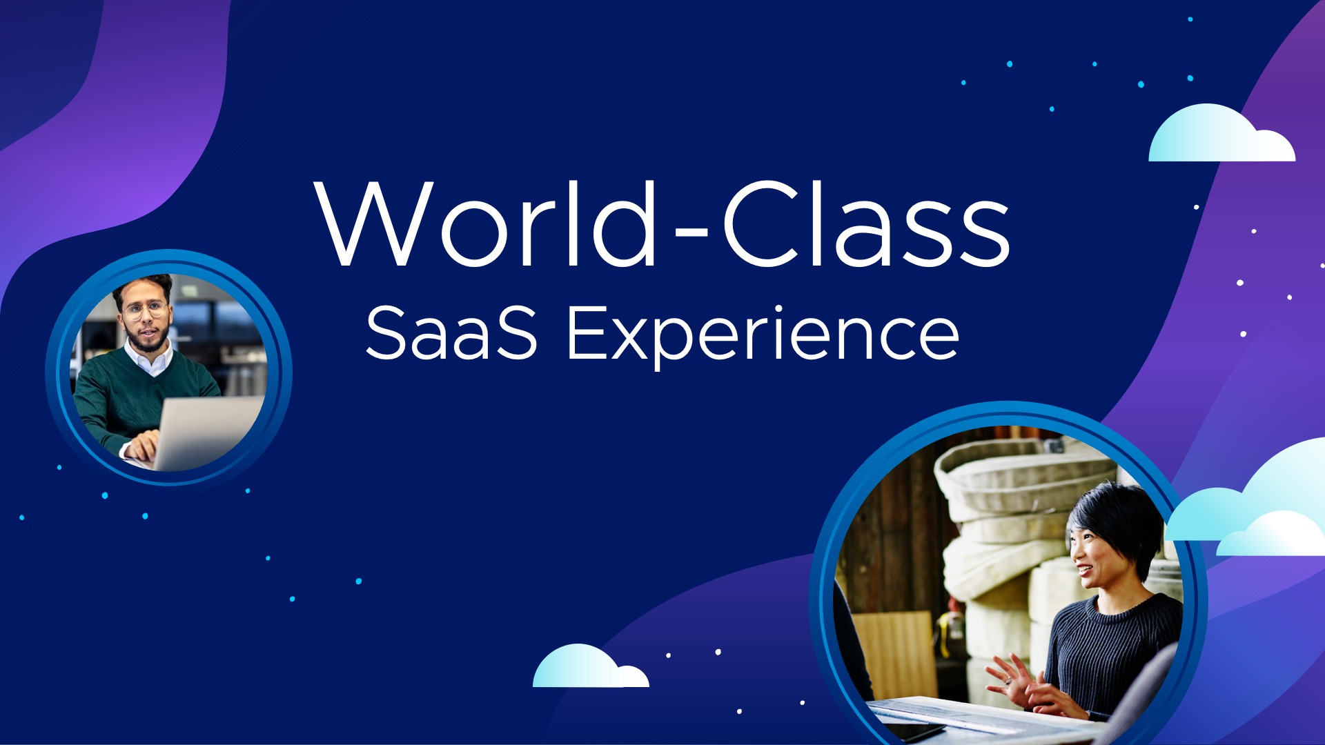 A design for a VMware event presentation that has clouds and photos of people working. Text says "World-class SaaS experience"