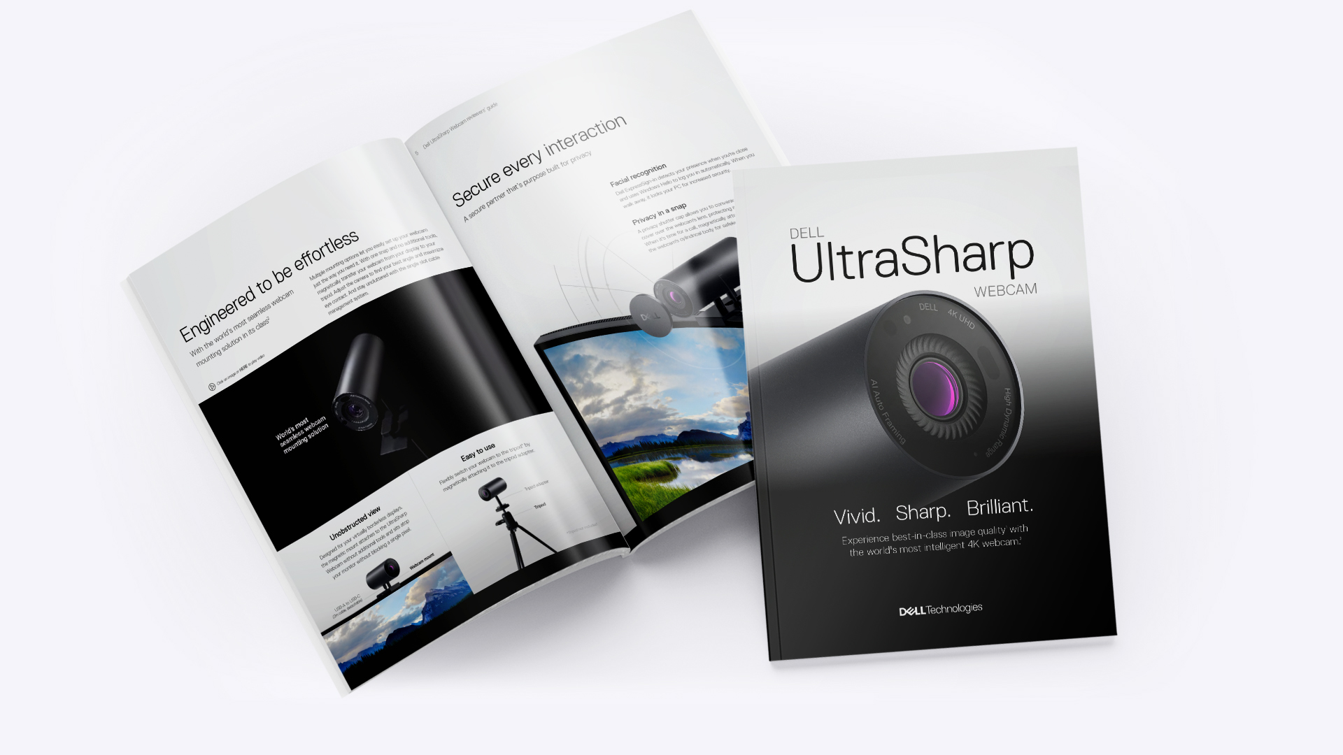The cover and an interior spread of the product brochure for Dell UltraSharp Webcam.
