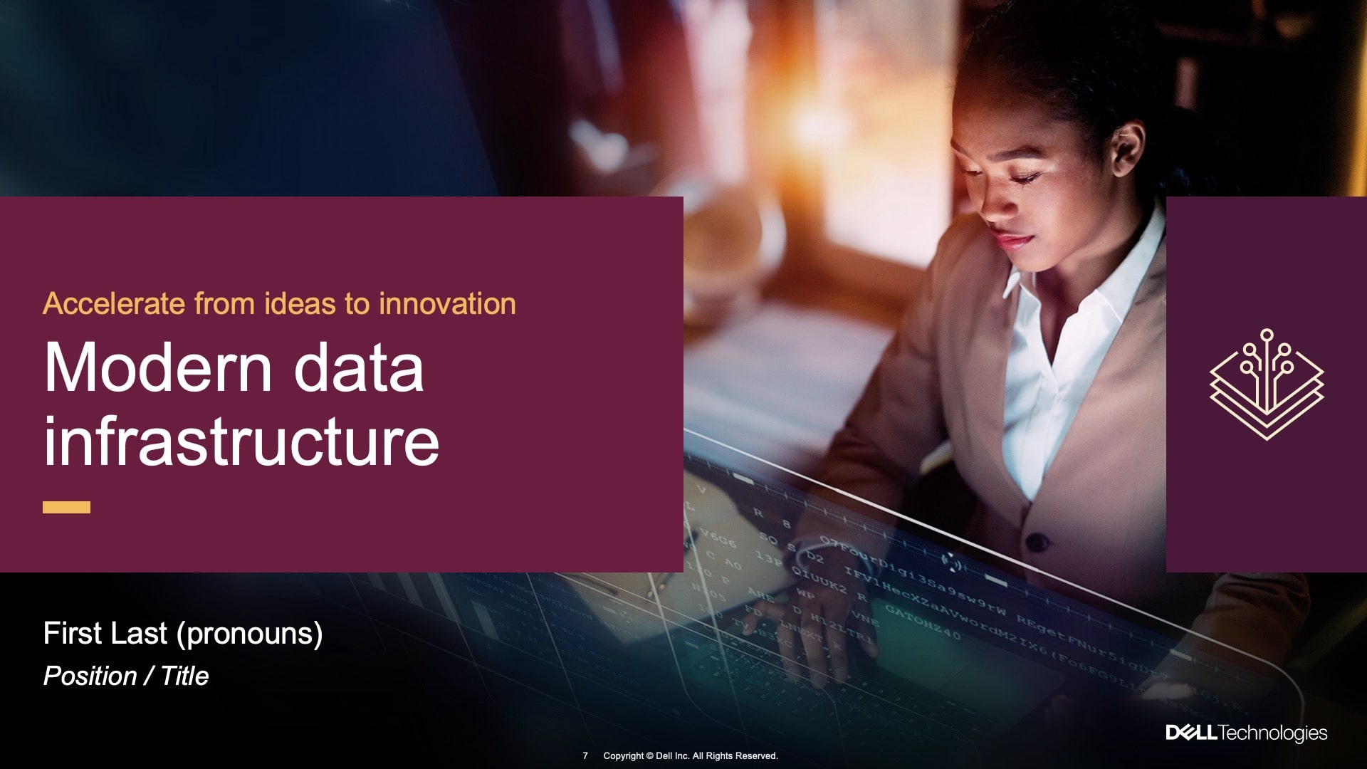 A slide from the Dell Technologies Advantage presentation. A woman works on a Dell laptop in an office. A red band has text that says "Modern data infrastructure".