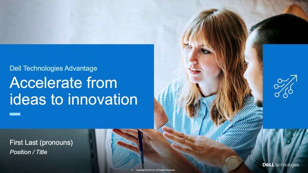 A slide from the Dell Technologies Advantage presentation. Two people collaborate on a Dell laptop in an office. A blue band has text that says "Accelerate from ideas to innovation".