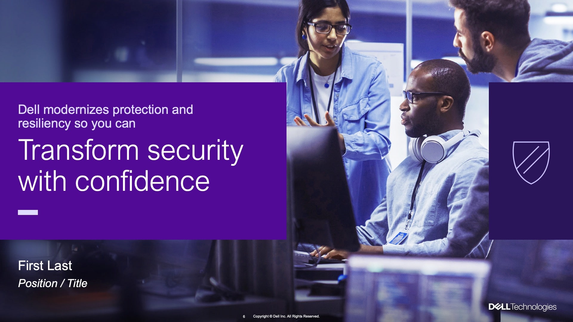 A slide from the Dell Technologies Advantage presentation. A group of people collaborate around a Dell monitor in an office. A purple band has text that says "Transform security with confidence".