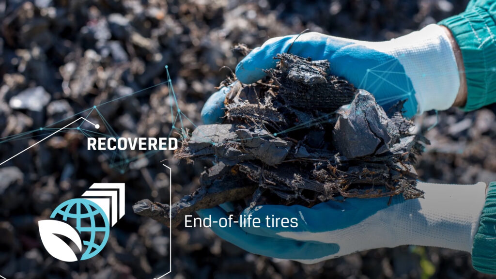 An image of shredded tires in gloved hands with a sustainability icon and text that says "Recovered end-of-life tires"