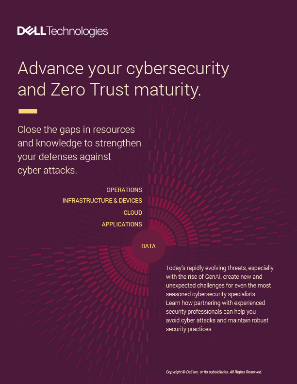 The cover of an ebook design for Dell cybersecurity. A red radar like pattern is in the background behind the ebook title.