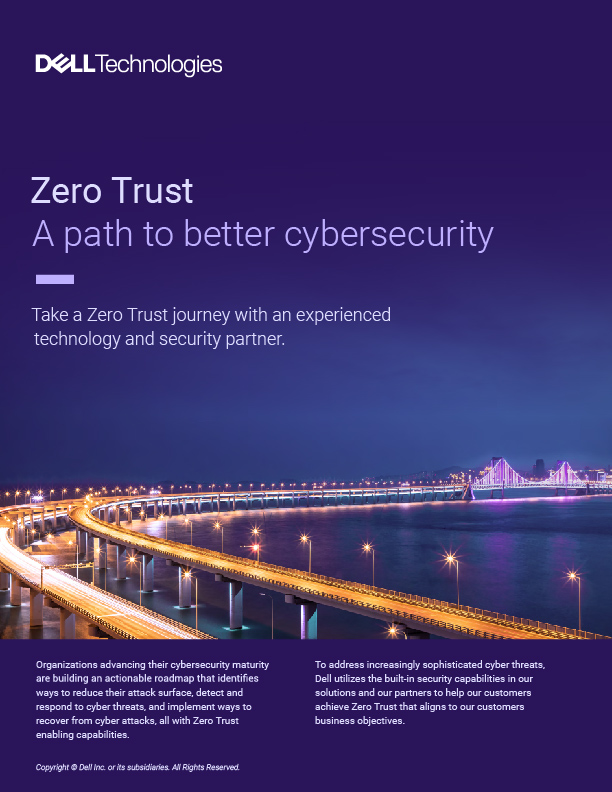 The cover of an ebook design for Dell Zero Trust. A photo of a bridge lit up at night is in the background behind the ebook title.