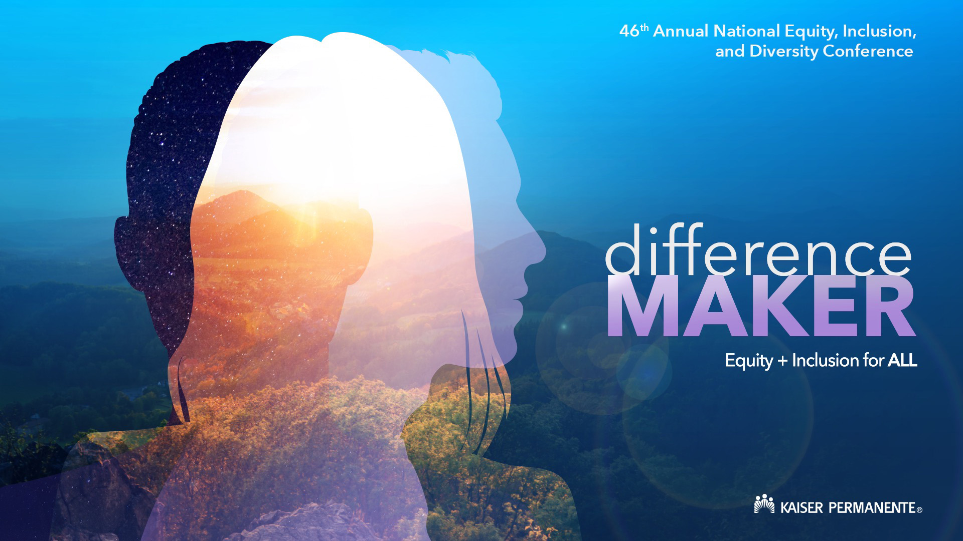The template cover design for the Kaiser NEID 2023 event. It has silhouettes with images and sunlight showing through them and the theme text "Difference Maker"