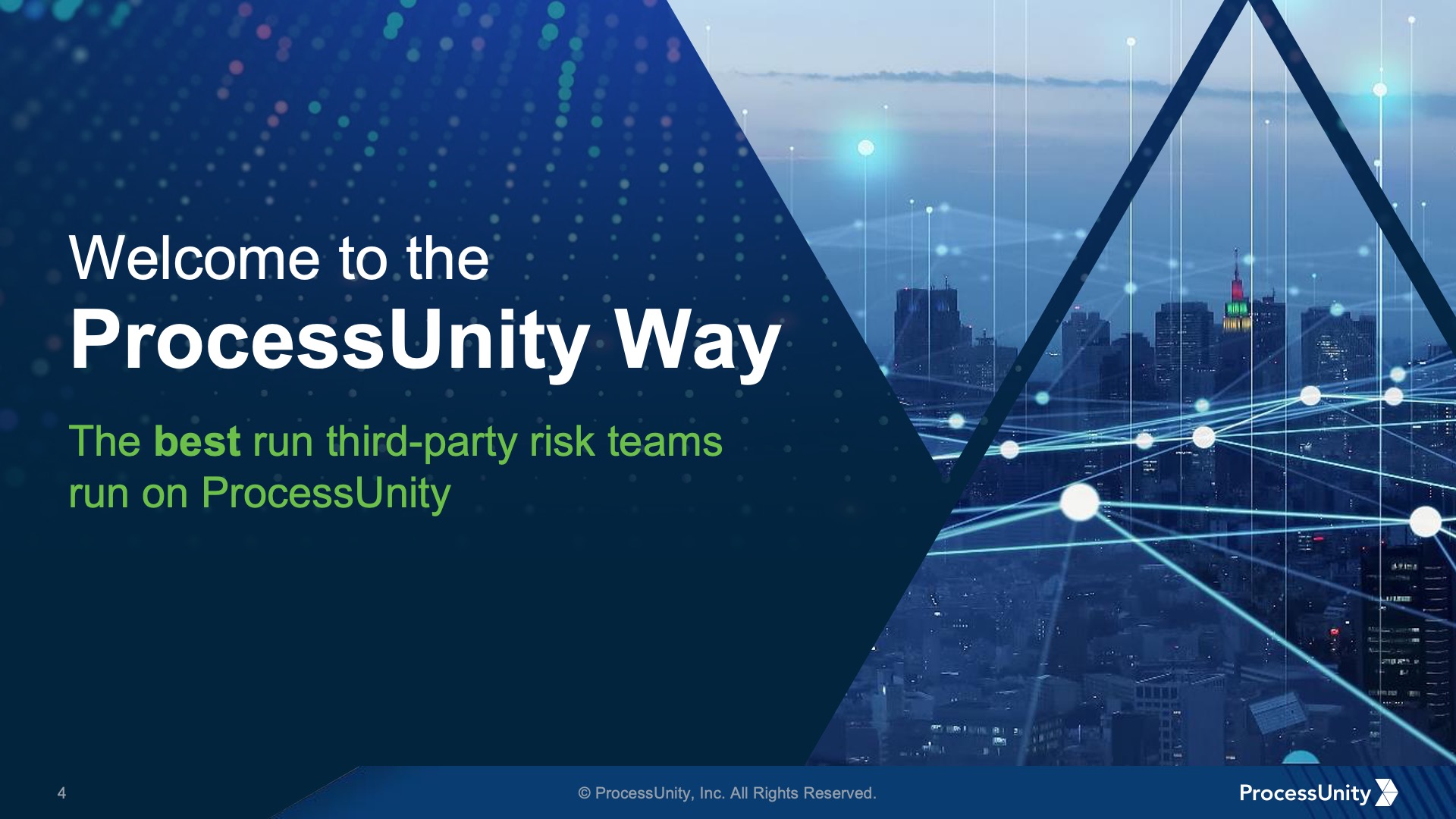 A slide design from the Process Unity presentation with a city image inside triangles.