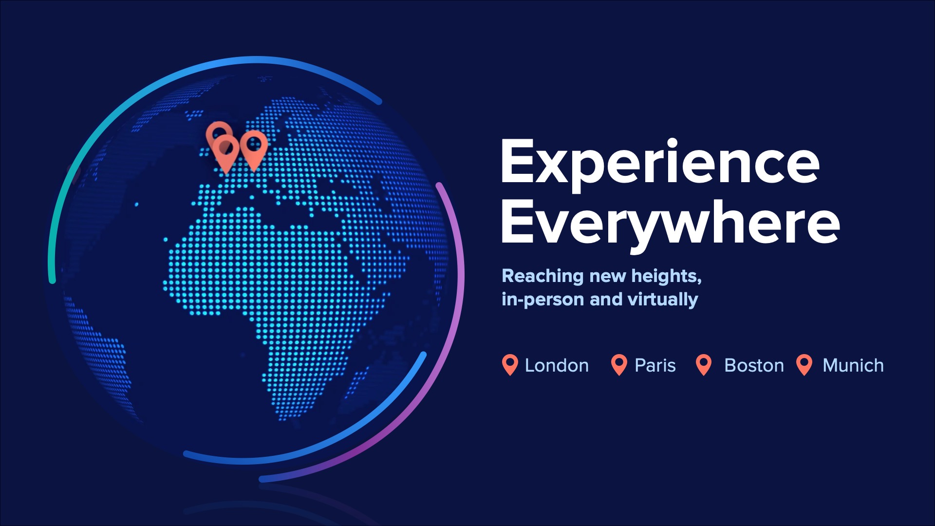 A slide design from the Nexthink Experience everywhere event. It shows the locations of the four event locations on a globe.