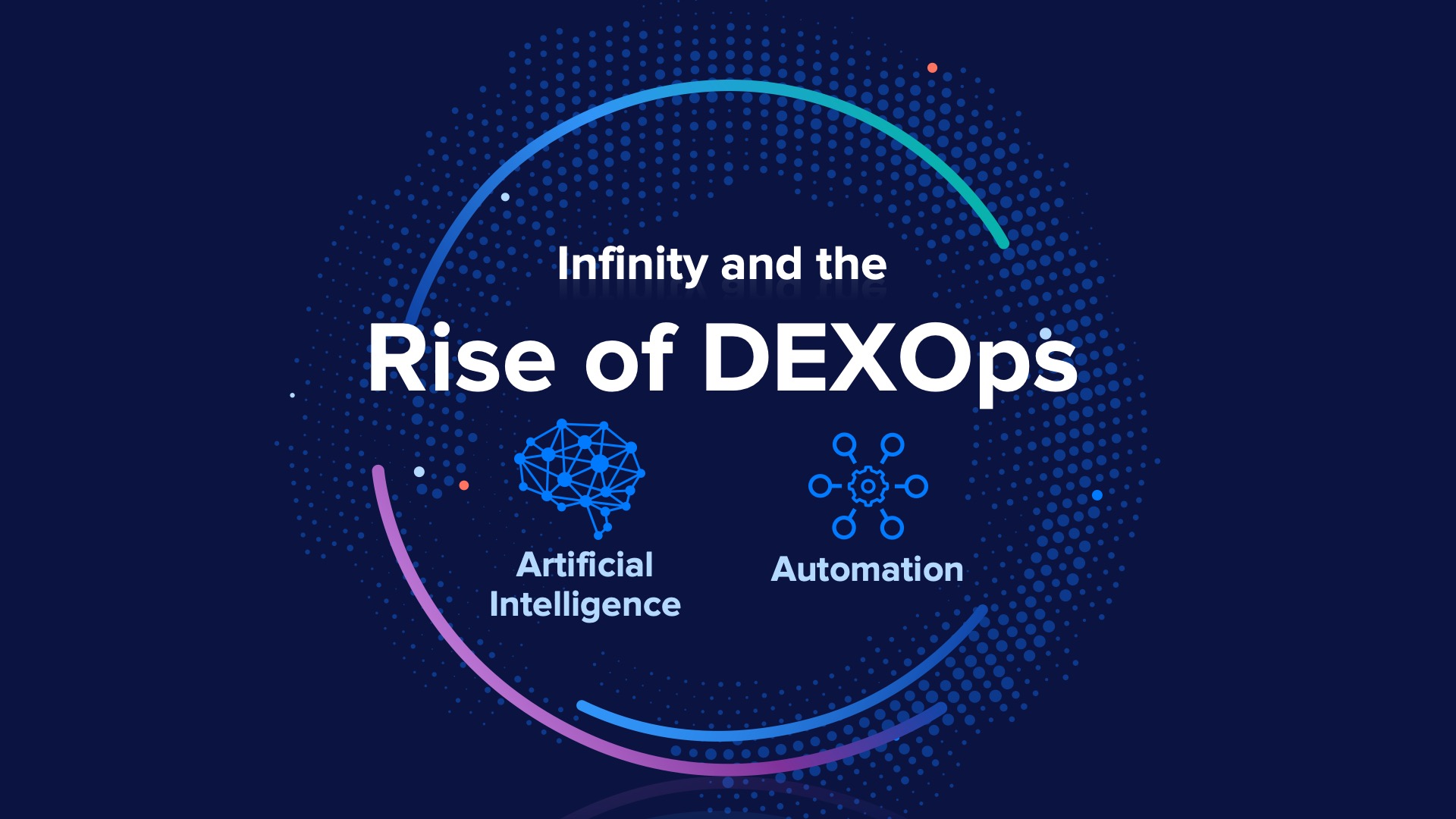 A slide design from the Nexthink Experience everywhere event. Two icons represent two parts of DEXOps, A. I. and automation.